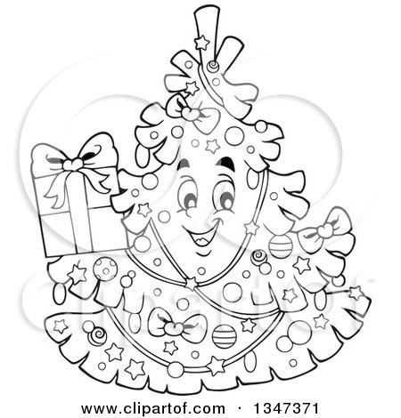 Lineart Clipart of a Cartoon Black and White Christmas Tree Character Holding a Present - Royalty Free Outline Vector Illustration by visekart
