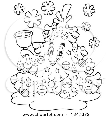 Outline Clipart of a Cartoon Black and White Christmas Tree Character Ringing a Bell - Royalty Free Lineart Vector Illustration by visekart