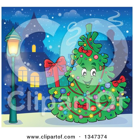 Clipart of a Cartoon Christmas Tree Character Holding a Present Outdoors in a Town - Royalty Free Vector Illustration by visekart