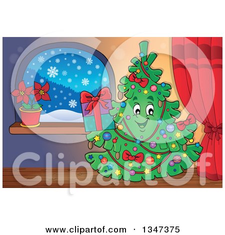 Clipart of a Cartoon Christmas Tree Character Holding a Present by a Window Indoors - Royalty Free Vector Illustration by visekart