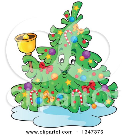 Clipart of a Cartoon Christmas Tree Character Ringing a Bell - Royalty Free Vector Illustration by visekart