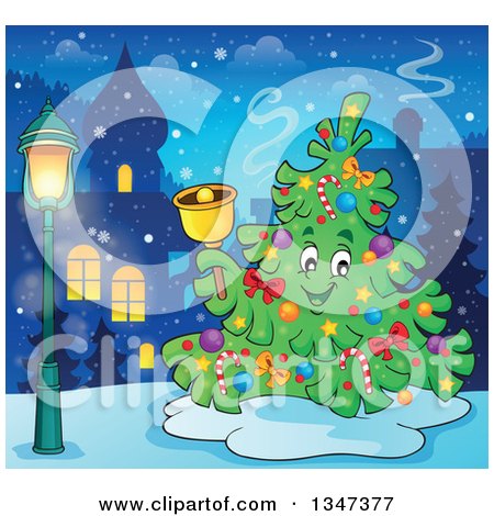 Clipart of a Cartoon Christmas Tree Character Ringing a Bell Outdoors in a Town - Royalty Free Vector Illustration by visekart