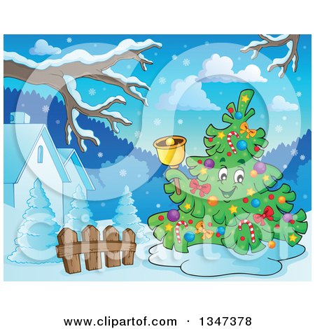 Clipart of a Cartoon Christmas Tree Character Ringing a Bell in a Yard - Royalty Free Vector Illustration by visekart