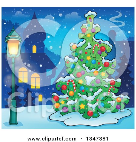 Clipart of a Cartoon Decorated Christmas Tree in a Village at Night - Royalty Free Vector Illustration by visekart