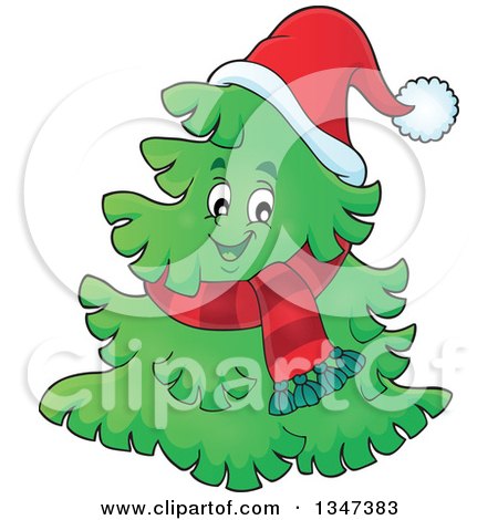 Clipart of a Cartoon Christmas Tree Character Wearing a Scarf and Santa Hat - Royalty Free Vector Illustration by visekart