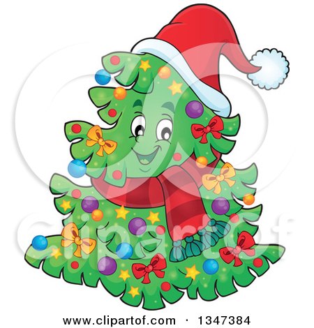 Clipart of a Cartoon Decorated Christmas Tree Character Wearing a Scarf and Santa Hat - Royalty Free Vector Illustration by visekart