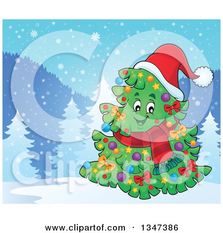 Clipart of a Cartoon Decorated Christmas Tree Character Wearing a Scarf and Santa Hat in a Winter Landscape - Royalty Free Vector Illustration by visekart
