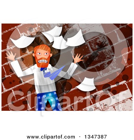Clipart of a Stressed Caucasian Business Man Throwing Papers, over a Grungy Brick Wall - Royalty Free Illustration by Prawny