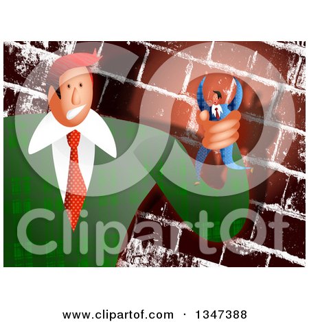 Clipart of a Caucasian Business Boss Man Holding a Tiny Employee in His Hand, over a Brick Wall - Royalty Free Illustration by Prawny