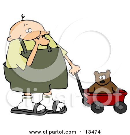 Little Boy in Overalls, Sucking His Thumb and Pulling His Teddy Bear in a Red Wagon Clipart Illustration by djart