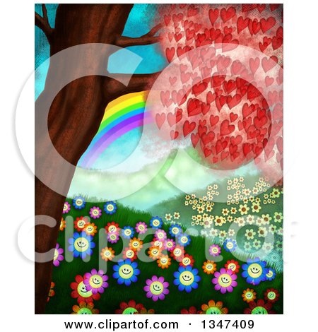 Clipart of a Heart Tree over Happy Flowers, Hills and a Rainbow - Royalty Free Illustration by Prawny
