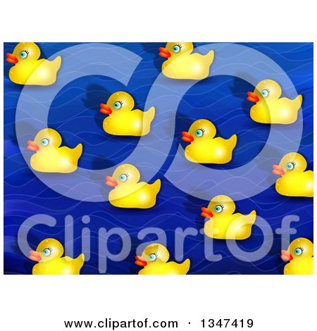 Clipart of a Background of Wet Yellow Rubber Duckies over Blue Waves - Royalty Free Illustration by Prawny
