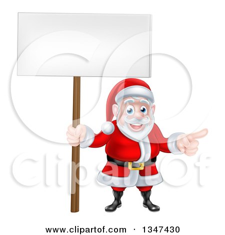 Clipart of a Cartoon Christmas Santa Claus Pointing and Holding a Blank Sign 2 - Royalty Free Vector Illustration by AtStockIllustration