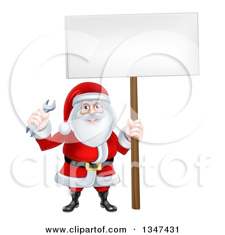 Clipart of a Happy Christmas Santa Holding a Spanner Wrench and Blank Sign 5 - Royalty Free Vector Illustration by AtStockIllustration