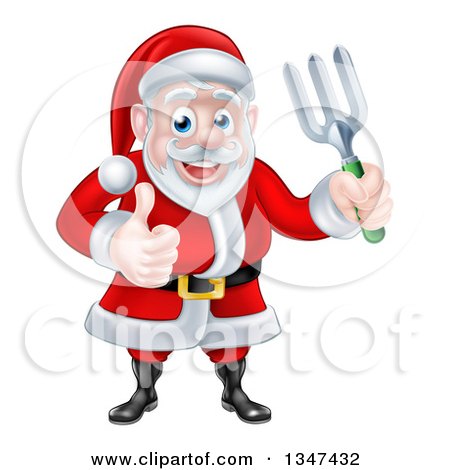 Clipart of a Cartoon Christmas Santa Holding a Garden Fork and Giving a Thumb up 3 - Royalty Free Vector Illustration by AtStockIllustration