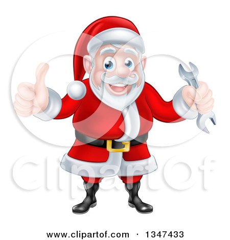 Clipart of a Happy Christmas Santa Claus Holding a Wrench and Giving a Thumb up 3 - Royalty Free Vector Illustration by AtStockIllustration
