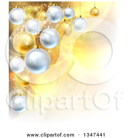 Clipart of a Christmas Background with 3d Bauble Ornaments over Golden Magic Lights and Flares - Royalty Free Vector Illustration by AtStockIllustration