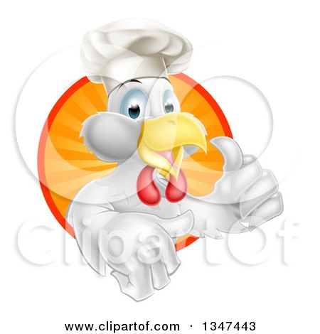 Clipart of a Happy White Chef Chicken Giving a Thumb up and Emerging from a Circle of Sun Rays 2 - Royalty Free Vector Illustration by AtStockIllustration