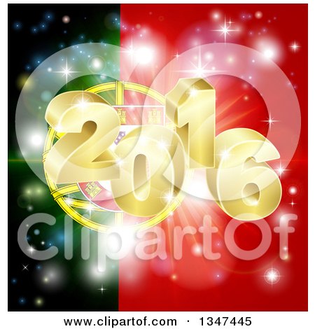 Clipart of a 3d Gold 2016 and Fireworks over a Portugal Flag - Royalty Free Vector Illustration by AtStockIllustration