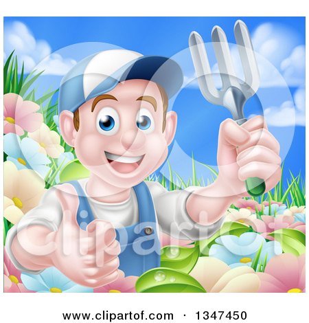 Clipart of a Happy Young Brunette White Male Gardener in Blue, Holding up a Garden Fork and Thumb in a Flower Garden - Royalty Free Vector Illustration by AtStockIllustration