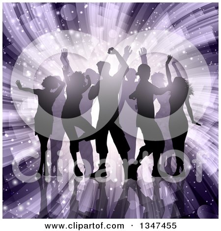 Clipart of a Silhouetted Group of Dancers over a Purple Light Burst with Flares - Royalty Free Vector Illustration by KJ Pargeter