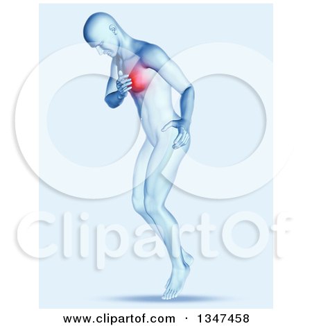 Clipart of a 3d Blue Anatomical Man Clutching His Painful Chest - Royalty Free Illustration by KJ Pargeter