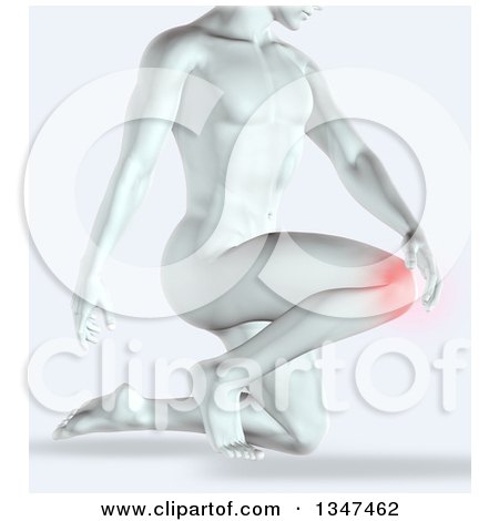 Clipart of a 3d White Anatomical Man Kneeling with Glowing Knee Pain on Shaded White - Royalty Free Illustration by KJ Pargeter
