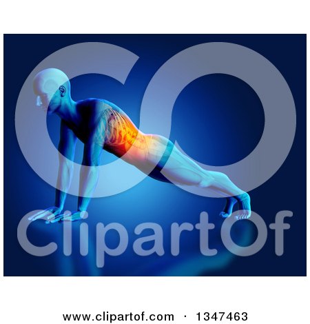 Clipart of a 3d Anatomical Man Doing Pushups, or in a Plank Yoga Pose, with Glowing Torso, on Blue - Royalty Free Illustration by KJ Pargeter