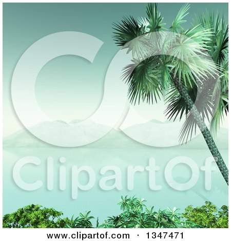 Clipart of a 3d Tropical Island and Bay Framed with a Palm Tree and Shrubs in Vintage Tones - Royalty Free Illustration by KJ Pargeter