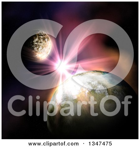 Clipart of a 3d Nasa Background of a Sunburst, Earth and the Moon - Royalty Free Illustration by KJ Pargeter