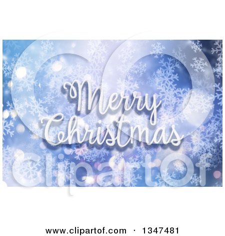 Clipart of a Merry Christmas Greeting Made of Snow over a Snowflake and Bokeh Light Background - Royalty Free Illustration by KJ Pargeter