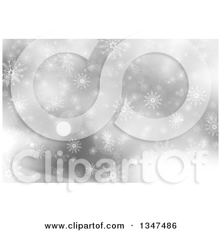 Clipart of a Silver Christmas Snowflake Background with Stars and Bright Light Bokeh Flares - Royalty Free Illustration by KJ Pargeter