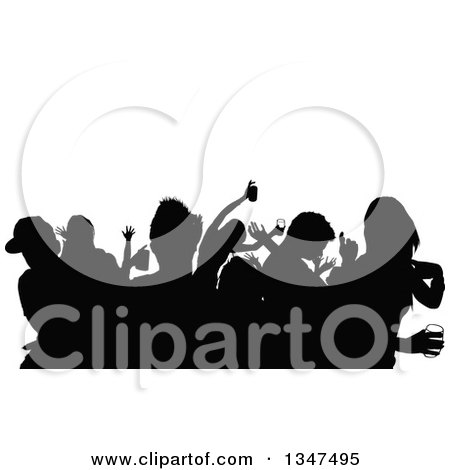Clipart of a Crowd of Black Silhouetted Young Party People Dancing with Drinks, Under Text Space - Royalty Free Vector Illustration by dero