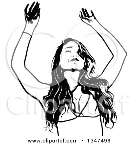 Clipart of a Dancing Black and White Party Woman in a Bikini Top - Royalty Free Vector Illustration by dero