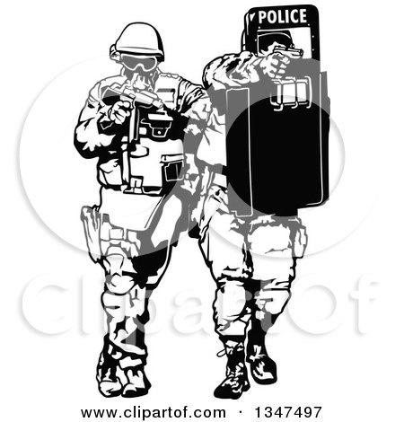 Clipart of a Black and White Special Police Force Team - Royalty Free Vector Illustration by dero