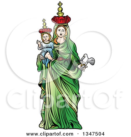 Clipart of Virgin Mary in a Green Dress, Holding Baby Jesus - Royalty Free Vector Illustration by dero