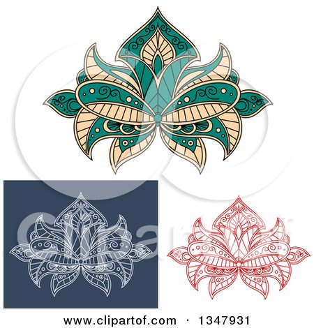 Clipart of Beautiful Ornate Red, White on Blue and Colored Henna Lotus Flowers - Royalty Free Vector Illustration by Vector Tradition SM