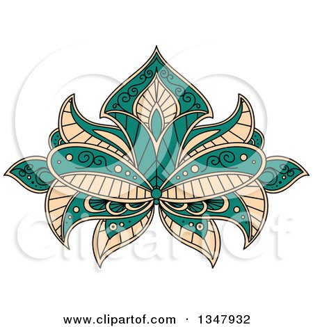 Clipart of a Beautiful Turquoise and Tan Henna Lotus Flower 2 - Royalty Free Vector Illustration by Vector Tradition SM