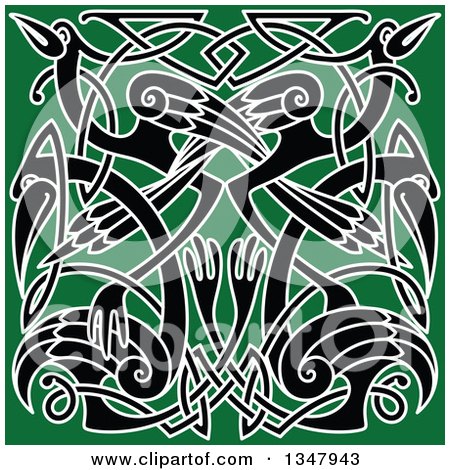 Clipart of a Black and White Celtic Knot Crane or Heron Design on Green - Royalty Free Vector Illustration by Vector Tradition SM