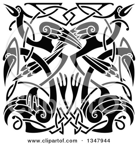 Clipart of a Black and White Celtic Knot Cranes or Herons 3 - Royalty Free Vector Illustration by Vector Tradition SM
