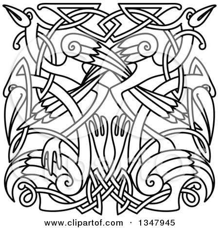Clipart of Black and White Lineart Celtic Knot Cranes or Herons 3 - Royalty Free Vector Illustration by Vector Tradition SM