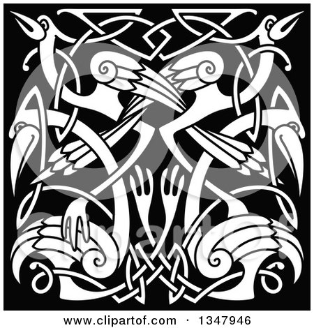 Clipart of White Celtic Knot Crane or Herons on Black - Royalty Free Vector Illustration by Vector Tradition SM
