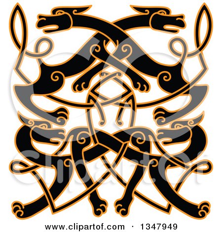 Clipart of a Black Celtic Wild Dog Knot Outlined in Orange - Royalty Free Vector Illustration by Vector Tradition SM
