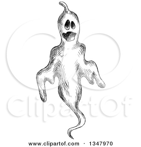 Clipart of a Black and White Sketched Ghost - Royalty Free Vector Illustration by Vector Tradition SM