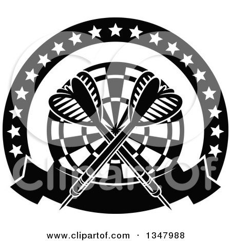 Clipart of Black and White Crossed Darts over a Target, in a Circle of Stars with a Banner - Royalty Free Vector Illustration by Vector Tradition SM
