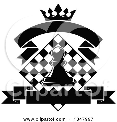 Clipart of a Black and White Chess Pawn over a Diamond Checker Board, with a Crown and Blank Banners - Royalty Free Vector Illustration by Vector Tradition SM