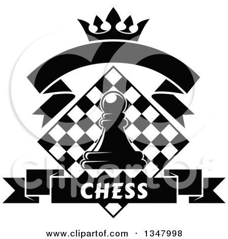 Clipart of a Black and White Chess Pawn over a Diamond Checker Board, with a Crown and Banners - Royalty Free Vector Illustration by Vector Tradition SM