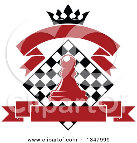 Clipart of a Red Chess Pawn over a Black and White Diamond Board, with a Crown and Blank Banners - Royalty Free Vector Illustration by Vector Tradition SM
