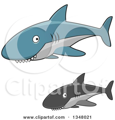 Clipart of Cartoon Blue and Gray Sharks with Toothy Grins - Royalty Free Vector Illustration by Vector Tradition SM
