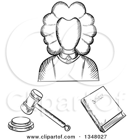 Clipart of a Black and White Sketched Female Judge, Law Book and Gavel - Royalty Free Vector Illustration by Vector Tradition SM